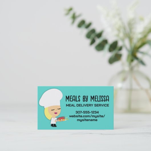 Leuk blond meisje chef steak diner biz kaarten visitekaartje (Staand voorkant)