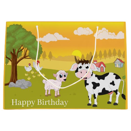 leuk Boerderij Happy Birthday-dieren Groot Cadeauzakje (Voorkant)