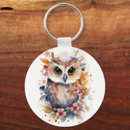 Leuk Bos Baby Uil met Bloemen voor Kinderkamer Sleutelhanger (Voorkant)