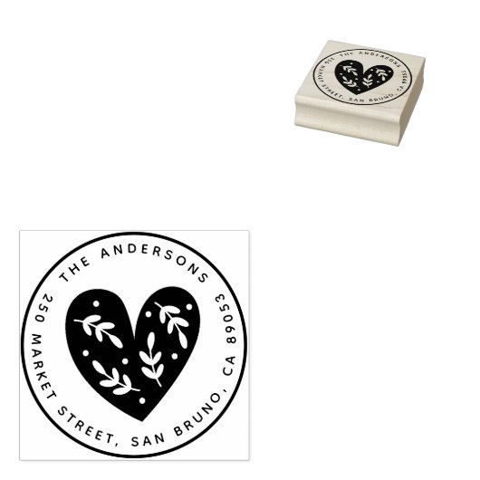 Leuk Botanisch Hart Ronde Naam & Retouradres Rubberstempel (Gestempeld)