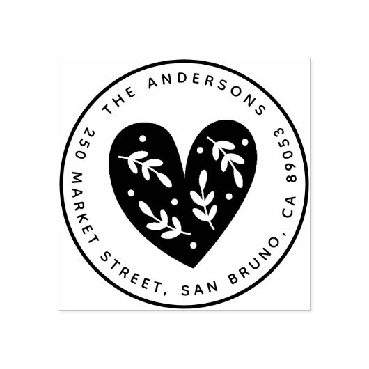 Leuk Botanisch Hart Ronde Naam & Retouradres Rubberstempel (Afrduk)