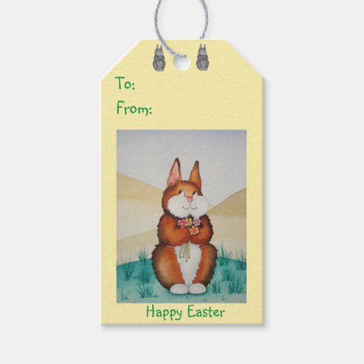 Leuk bruin konijntje met  bloemetjes cadeaulabel (Voorkant)