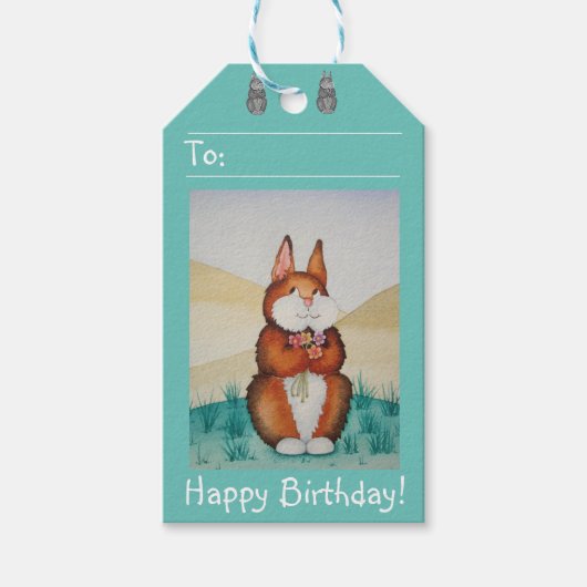 Leuk bruin konijntje met  bloemetjes cadeaulabel (Voorkant)