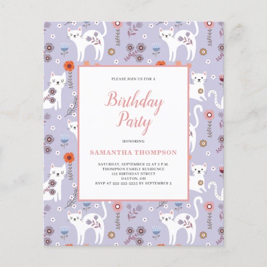 Leuk budget verjaardag kat patroon uitnodiging (Voorkant)