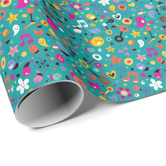 leuk cartoon patroon blauwgroen cadeaupapier (Rol Hoek)