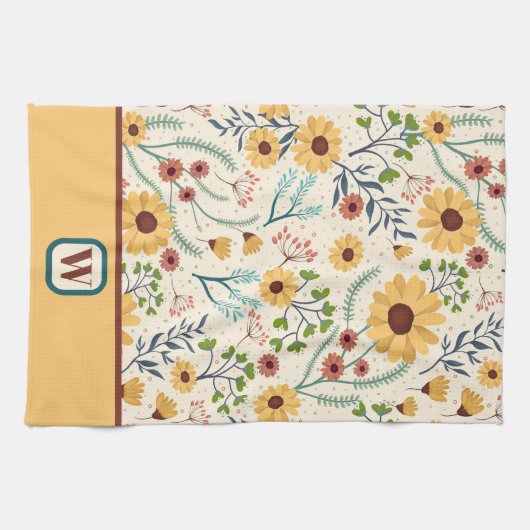 Leuk Chic Modern Daisy Floral Monogram Initiaal Theedoek (Horizontaal)