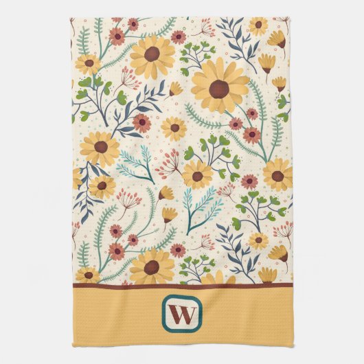 Leuk Chic Modern Daisy Floral Monogram Initiaal Theedoek (Verticaal)