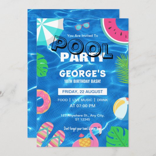 Leuk Cool Pool Party | Zwemverjaardag uitnodiging (Voorkant / Achterkant)