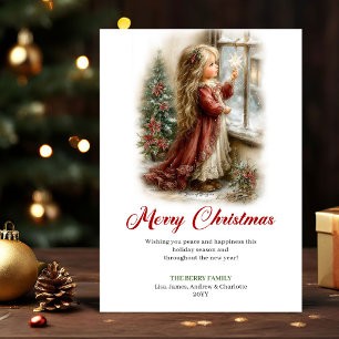 Leuk Cute Little Girl Kerst Scene Groet Feestdagenkaart