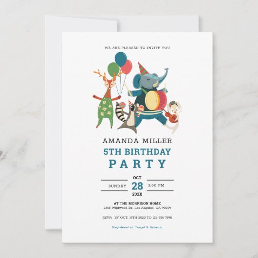 Leuk dier verjaardag partij muziek band voor kinde save the date (Voorkant)