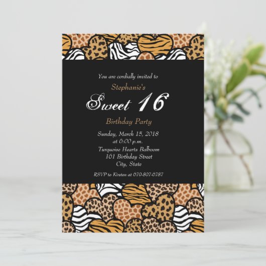Leuk dierlijk patroon harten Sweet 16 Uitnodiging (Staand voorkant)