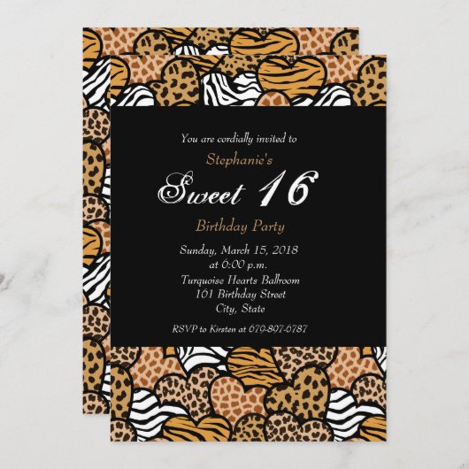 Leuk dierlijk patroon harten Sweet 16 Uitnodiging (Voorkant / Achterkant)