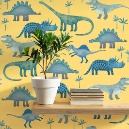 Leuk dinosaurus patroon blauw geel behang