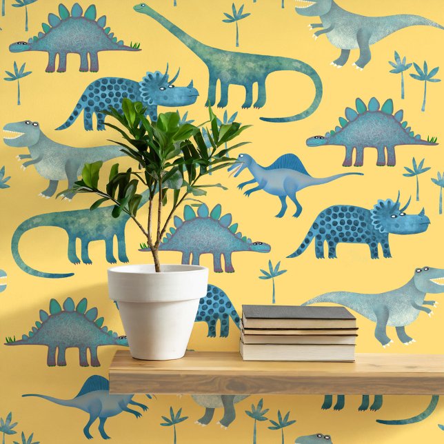 Leuk dinosaurus patroon blauw geel behang (Dinosaur Tyrannosaurus Rex Stegosaurus triceratops diplodocus yellow kids peel and stick wallpaper)