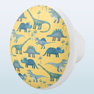 Leuk dinosaurus patroon blauw geel keramische knop
