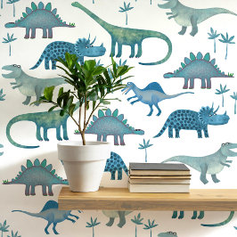 Leuk dinosauruspatroon Blauw Wit Kind Behang