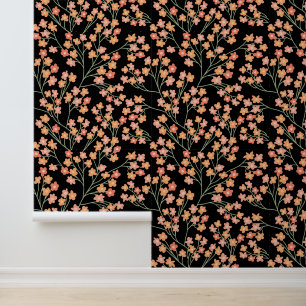 Leuk Eenvoudig Oranje Bloemmotief op Zwart Behang
