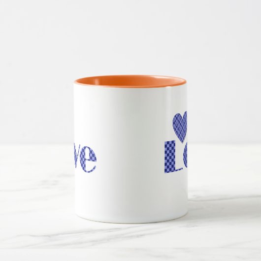Leuk, Elegant Blauw Geruit Hart, "LOVE" Patroon Mok (Midden)