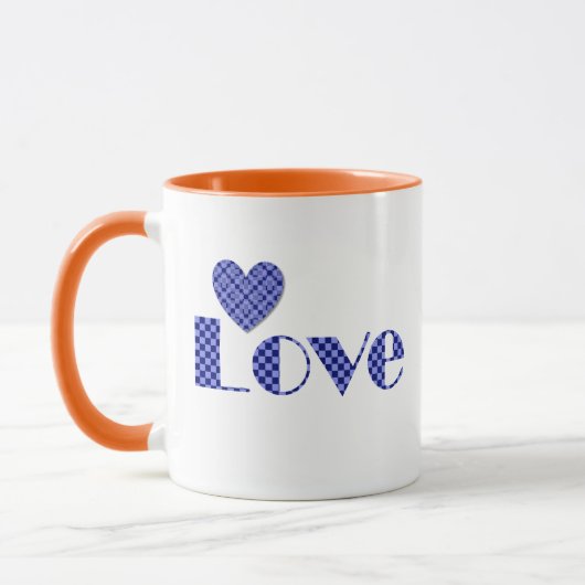 Leuk, Elegant Blauw Geruit Hart, "LOVE" Patroon Mok (Links)
