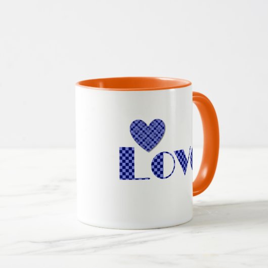 Leuk, Elegant Blauw Geruit Hart, "LOVE" Patroon Mok (Voorkant rechts)