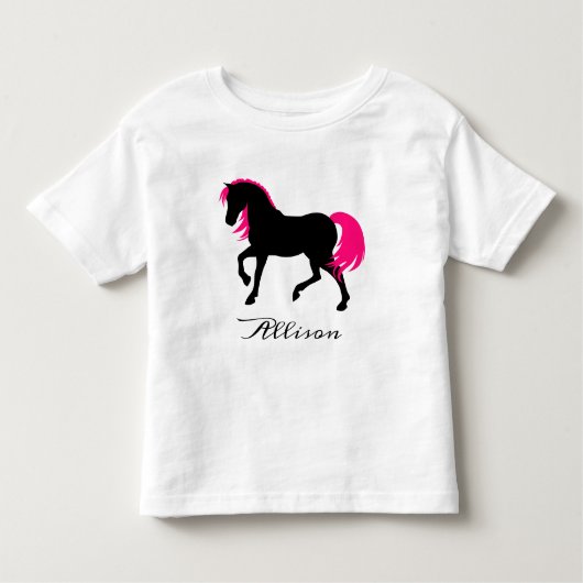 Leuk Elegant Zwart Wit & Heet Roze Paard Voeg naam Kinder Shirts (Voorkant)