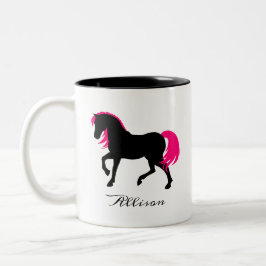 Leuk Elegant Zwart Wit & Heet Roze Paard Voeg naam Tweekleurige Koffiemok