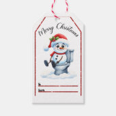 Leuk en feestelijk kerst label met een sneeuwpop cadeaulabel (Voorkant)