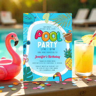 Leuk en kleurrijk poolparty   Palm Zwemmen Verjaar Kaart
