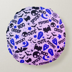 Leuk en Leuk Paarse, Blauwe en Zwarte Halloween Rond Kussen