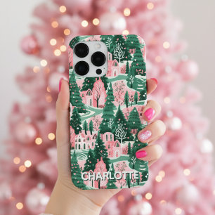 Leuk Feestelijk Roze & Groen Preppy Xmas Patroon iPhone 14 Pro Max Hoesje