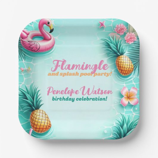 Leuk Flamingo en ananas Zomerzwembad Party Papieren Bordje (Voorkant)