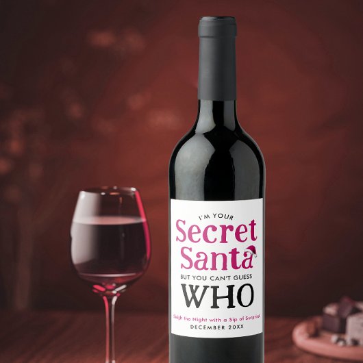 Leuk geheim Santa Rood en Wit Pet Modern script Wijn Etiket