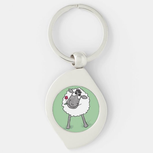 Leuk Gekke Schaap met Bloem, Metalen Sleutelhanger (Voorkant)