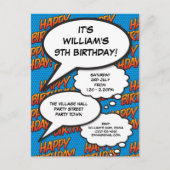 Leuk Gelukkig Verjaardagsfeestje Modern Blauw Comi Uitnodiging Briefkaart (Voorkant)