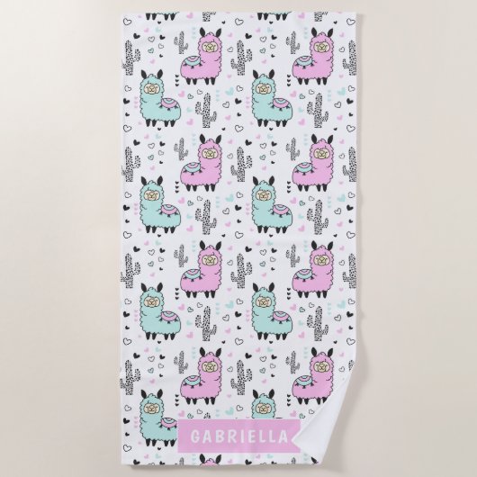 Leuk gepersonaliseerd blauw & roze lama strandlaken (Voorkant)