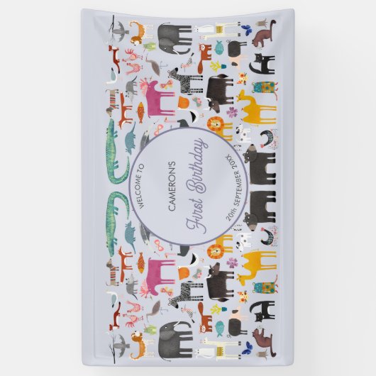 Leuk Gepersonaliseerd Dier Eerste 1e Verjaardagsfe Spandoek (Verticaal)