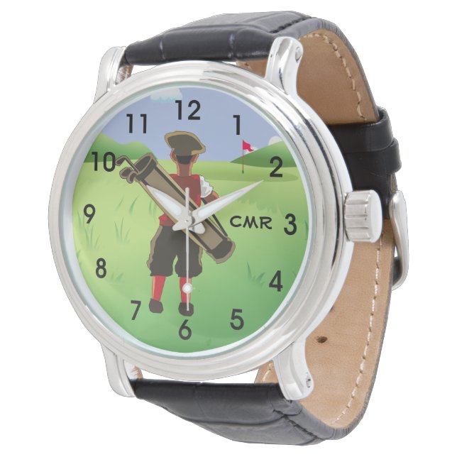 Leuk Gepersonaliseerd monogram Golfer op golfbaan Horloge (Gekanteld)