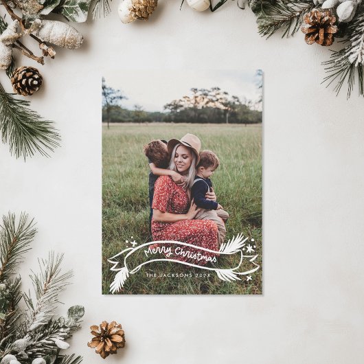 Leuk geschreven Vrolijk Kerstfeest op een getekend Feestdagenkaart