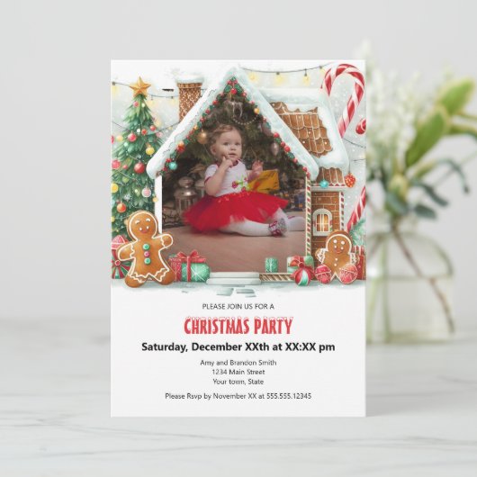 Leuk Gingerbread House Kerstfeest | Uw foto Feestdagenkaart (Staand voorkant)