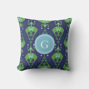 Leuk groen blauw ikat tribal patroon monogram kussen
