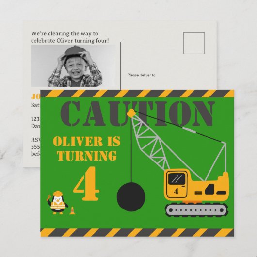 Leuk groen kinderbouwfeest uitnodiging briefkaart (Voorkant / Achterkant)