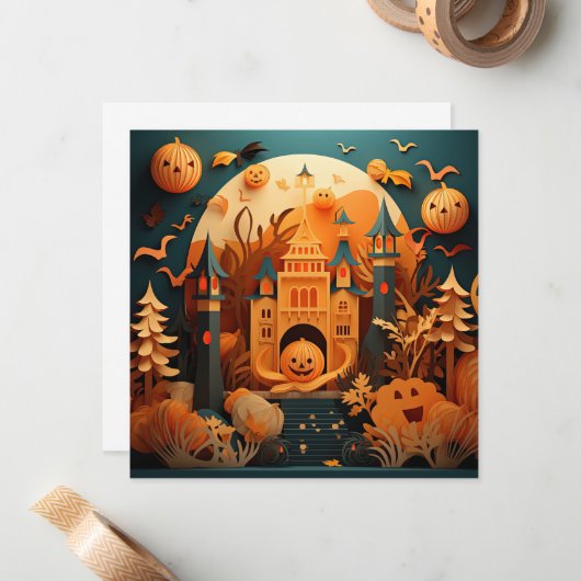 Leuk Halloween Scène 3D Effect Ontwerp Notitiekaartje (Voorkant / Achterkant in situ)