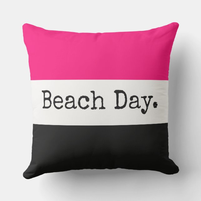 Leuk Helder Roze Zwart Wit Strepen "Beach Day" Buitenkussen (Achterkant)