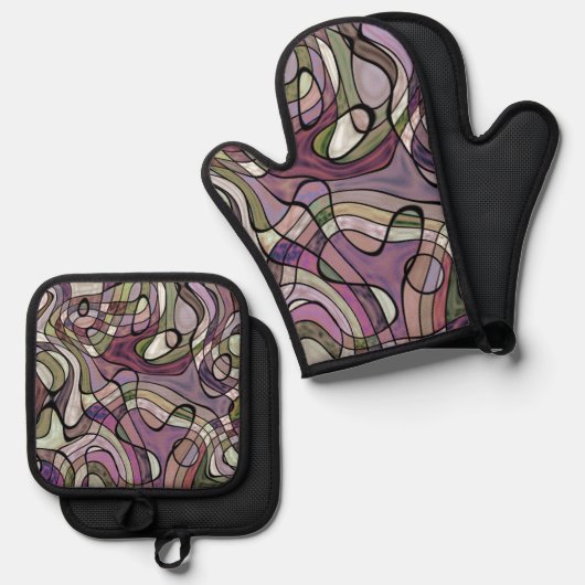 Leuk Hip Paarse Violet Zwart Mozaïek Kunstpatroon Ovenwant & Pannenlap Set (Voorkant / Achterkant)