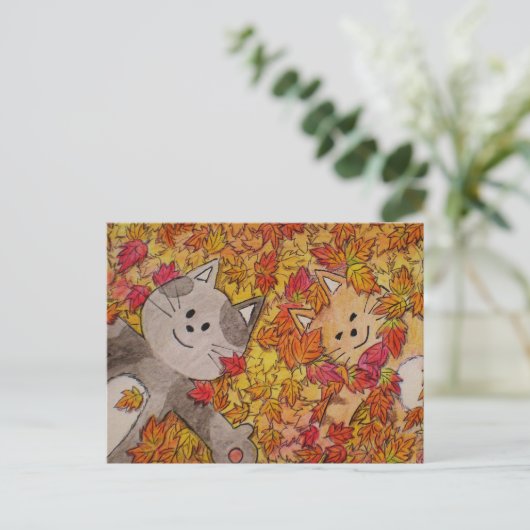 Leuk Kat Briefkaart voor Herfst "Spring in Herfst" (Staand voorkant)