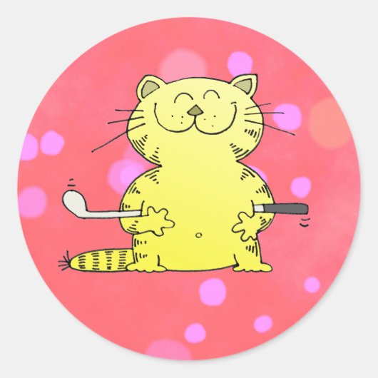 Leuk Kat Golfer Rood Achtergrond Ronde Sticker (Voorkant)