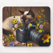 Leuk Kat met Flowers en Camera Mousepad Muismat (Voorkant)