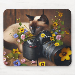 Leuk Kat met Flowers en Camera Mousepad Muismat