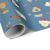 Leuk kerstvakantie hondenpatroon op blauw cadeaupapier (Rol Hoek)