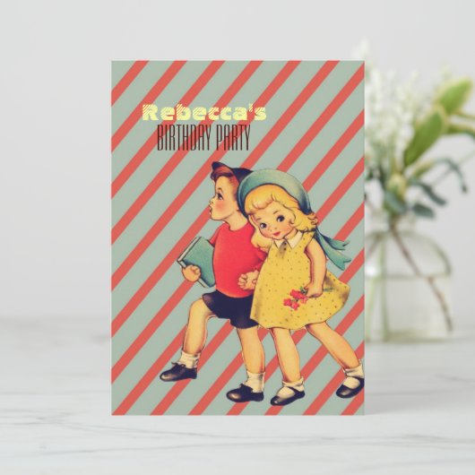 leuk  kinder retro kinderfeestje kaart (Staand voorkant)